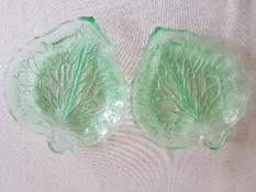 Two Green Glass Leaf Pattern Serving Dishes