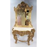 Large Carved Giltwood Marble Topped Console Table With Mirror