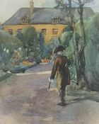 Gent on garden path unsigned watercolour