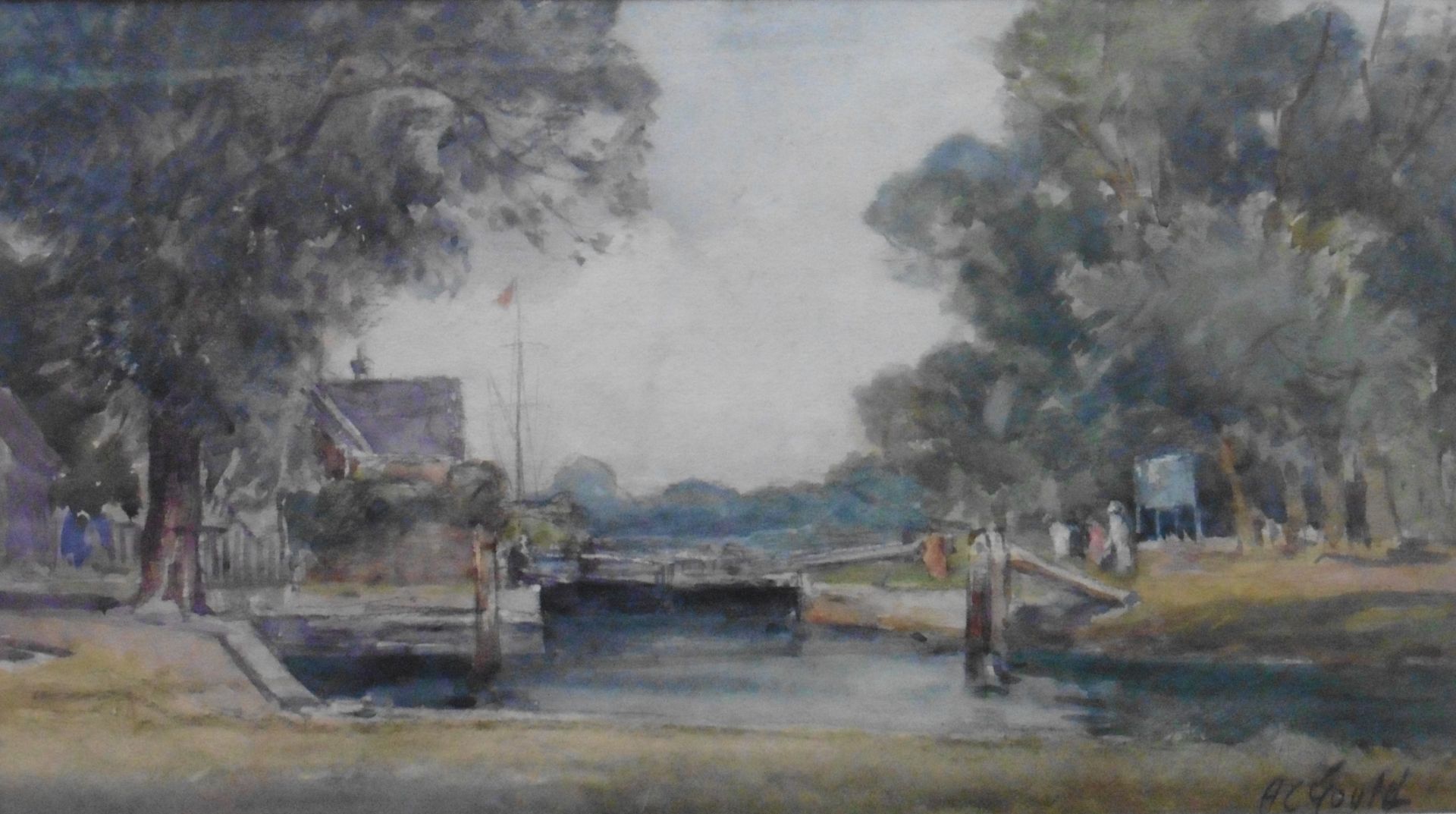 Original watercolour by Alexander Carruthers Gould 1870-1948 - Lock gates - Image 4 of 6