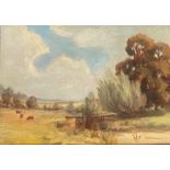 Unsigned oil painting depicting cattle grazing on a summers day