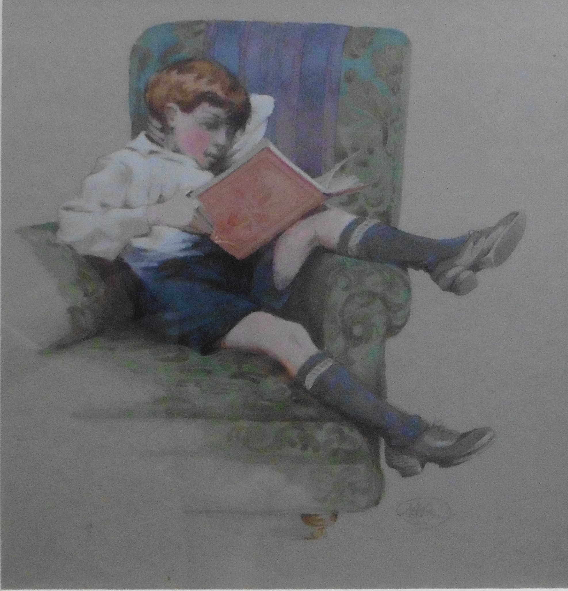 Boy reading - Watercolour signed with monogram