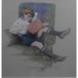 Boy reading - Watercolour signed with monogram