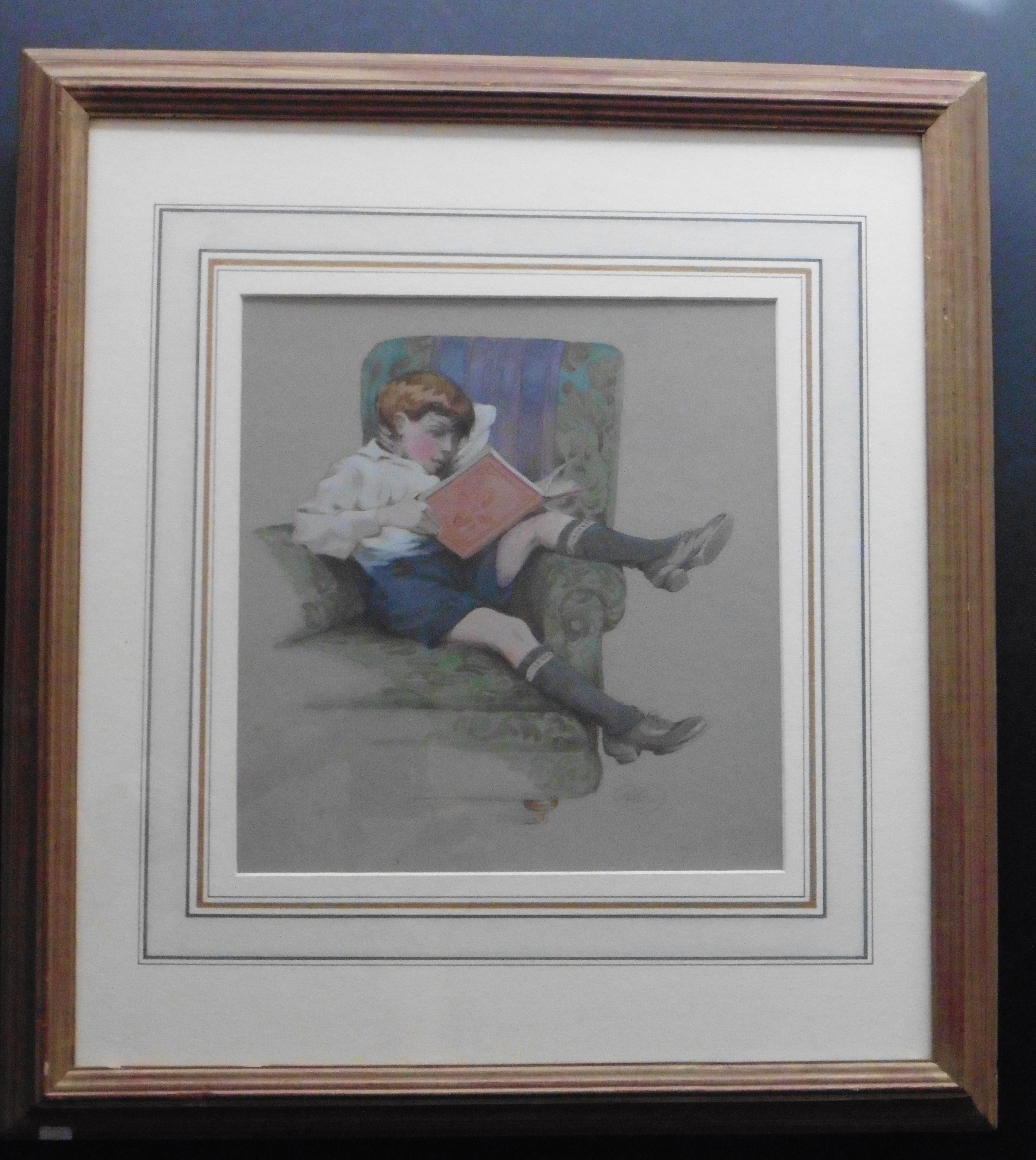 Boy reading - Watercolour signed with monogram - Image 4 of 4