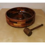 Very unusual vintage turned nut bowl with malet, made up of individual wood blocks
