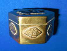Small Brass Hexagonal Arts and Crafts Hinged Box with Decorative Lid and Panels