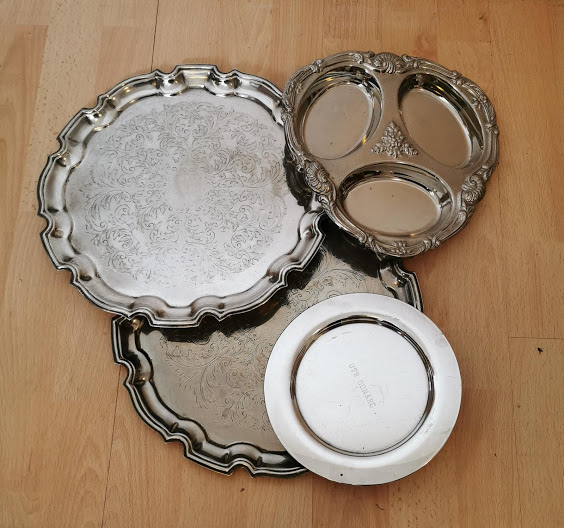 Four pieces silver plate/white metal. Trays Serving dish etc.