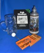 Breweriana Brewenaler of 5 Items Gerzit German Beer Stein, Austria Glass Beer Stein, Goff Ball Novel