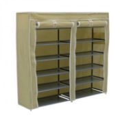 (G102) 6 Tier 36 Pair Double Cream Canvas Shoe Rack Cabinet Storage Dimensions: 110cm Width, 2...