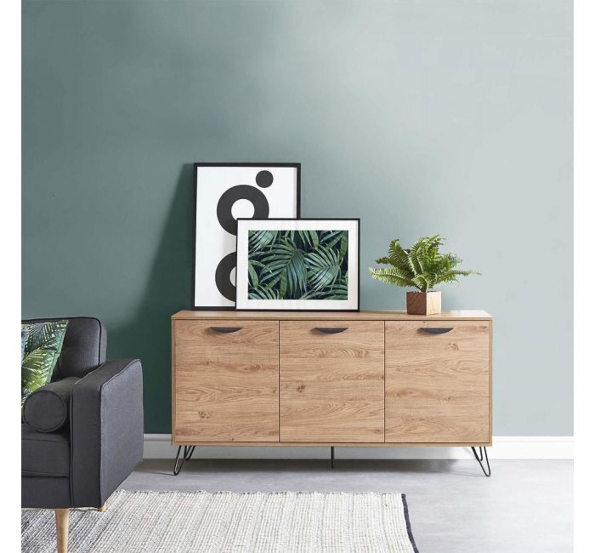 (AP210) Capri Oak 3 Door Sideboard Modern clean lines and hairpin legs create an original cont...