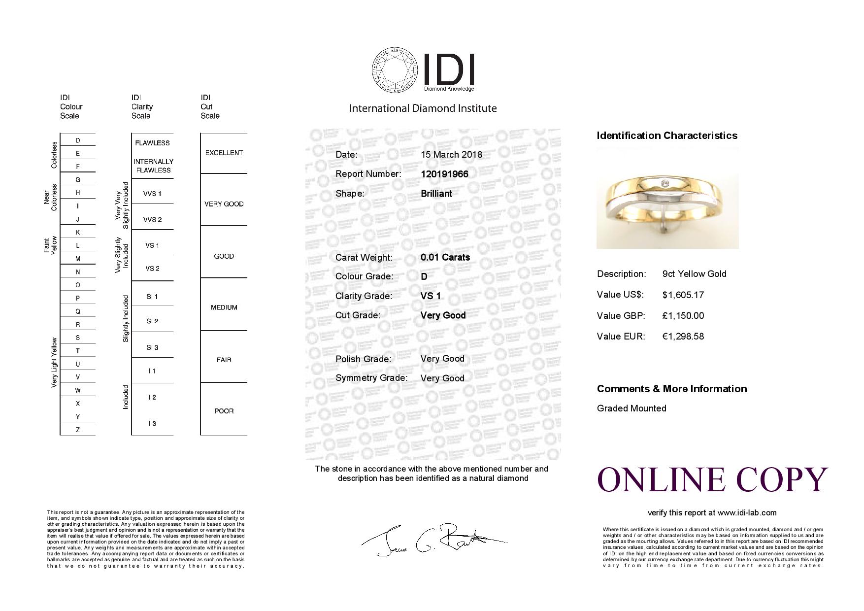 9ct Yellow Gold Single Stone Rub Over Set Diamond Ring - Image 5 of 5