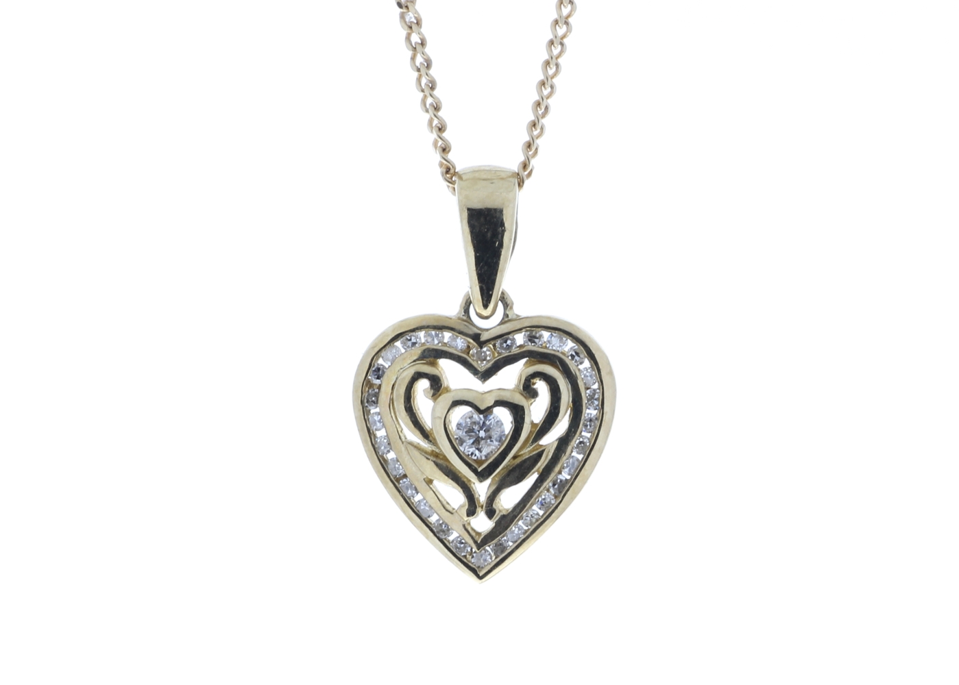 9ct Yellow Gold Heart Pendant Set With Diamonds With Centre Heart and Swirls 0.18 Carats