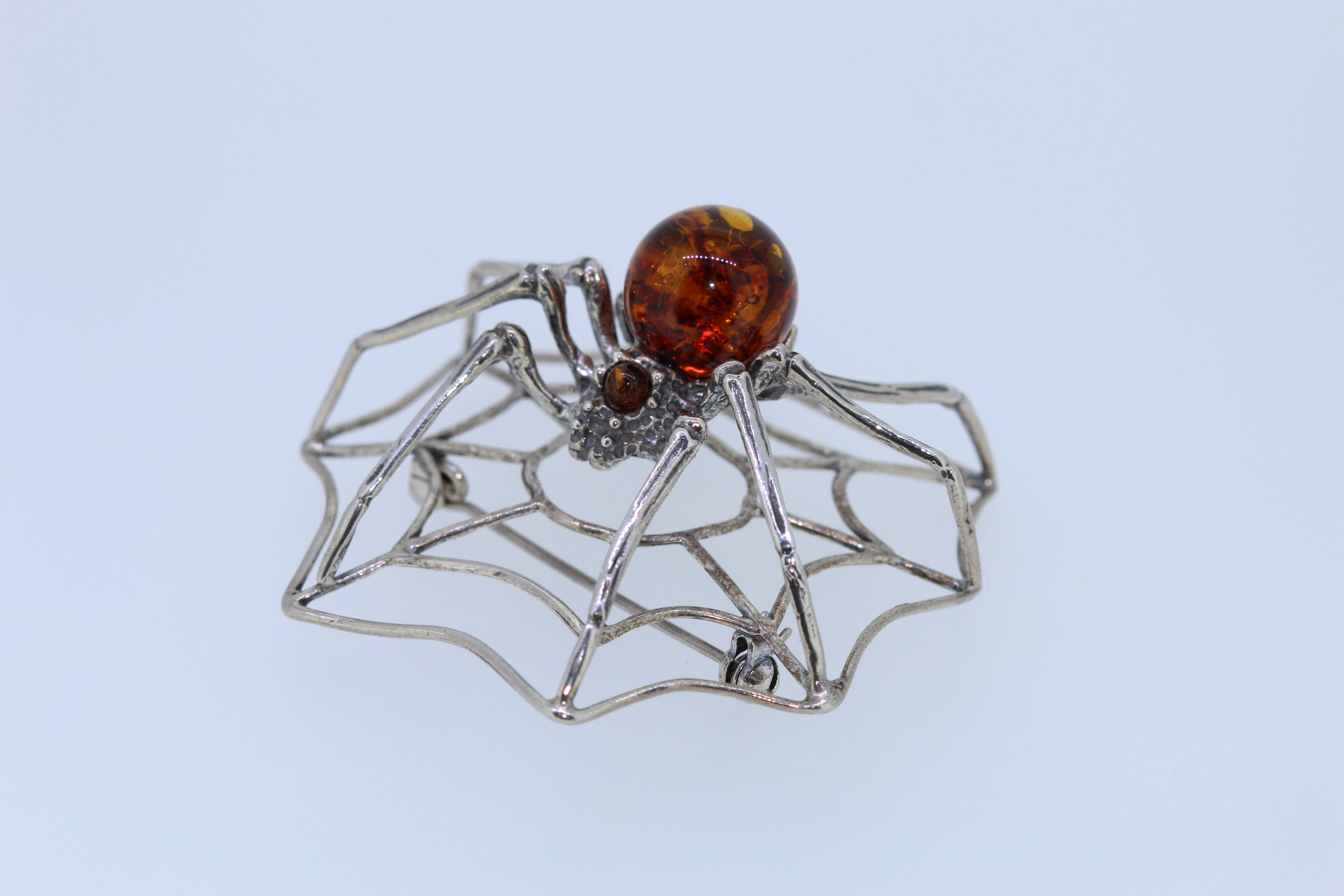 Stamped 925 Silver Natural Amber Large Spider Broach - Image 2 of 4
