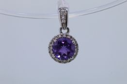 9ct Hallmark White Gold Amethyst And Diamond Pendant