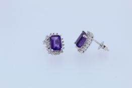 9ct White Gold Amethyst And Diamond Stud Earrings