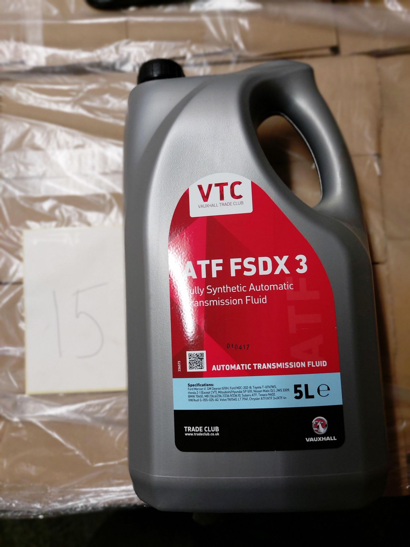 76 x 5 litre tubs of VTC ATF-FSDX 3 fully synthetic automatic transmission fluid on 1 pallet (pallet