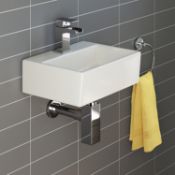 NEW (NS83) Modern Square Ceramic Small Cloakroom Basin Wall Hung Bathroom Sink. Made from White...