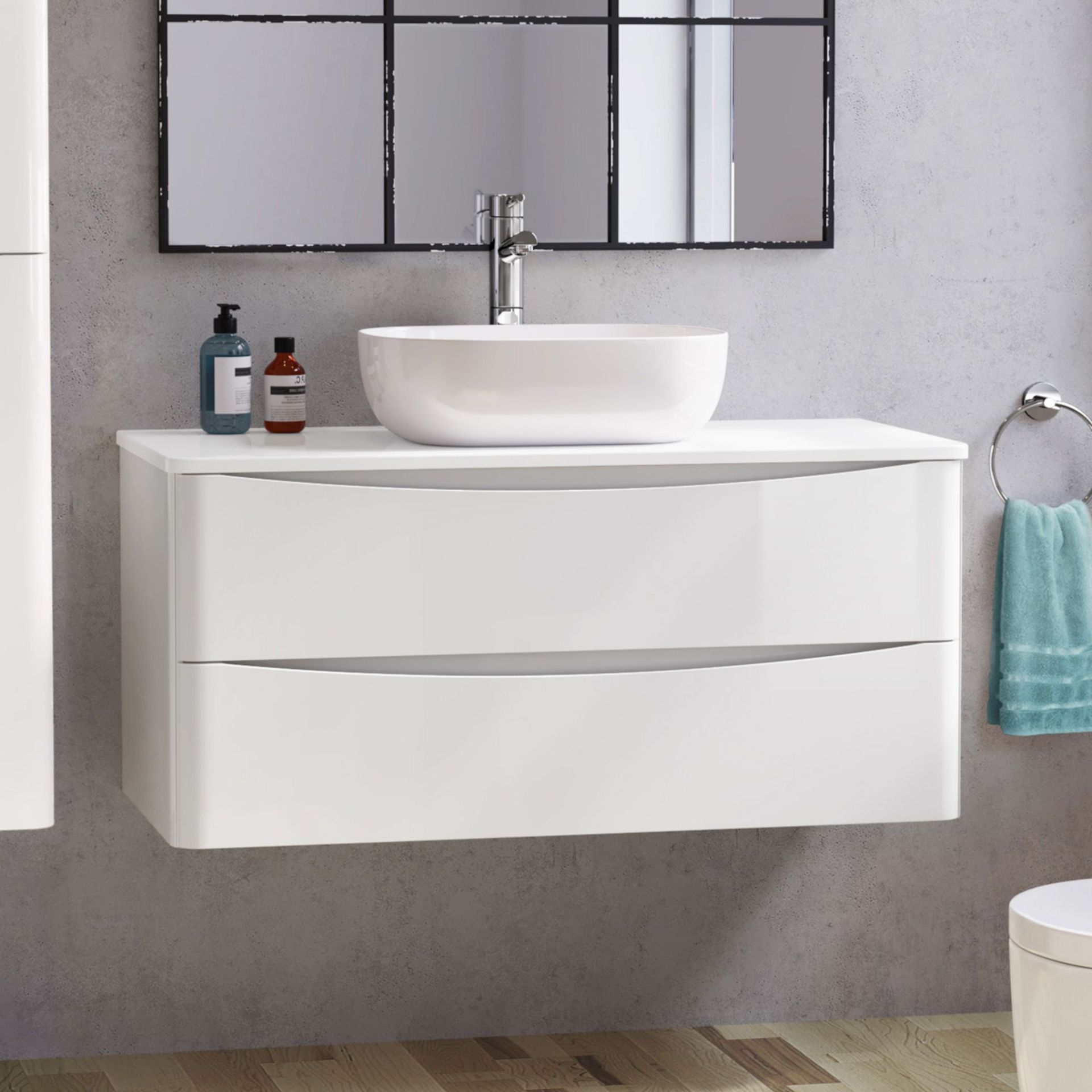 NEW & BOXED (NS175) 1000mm Austin II Gloss White Countertop Unit and Colette Basin - Wall Hung...