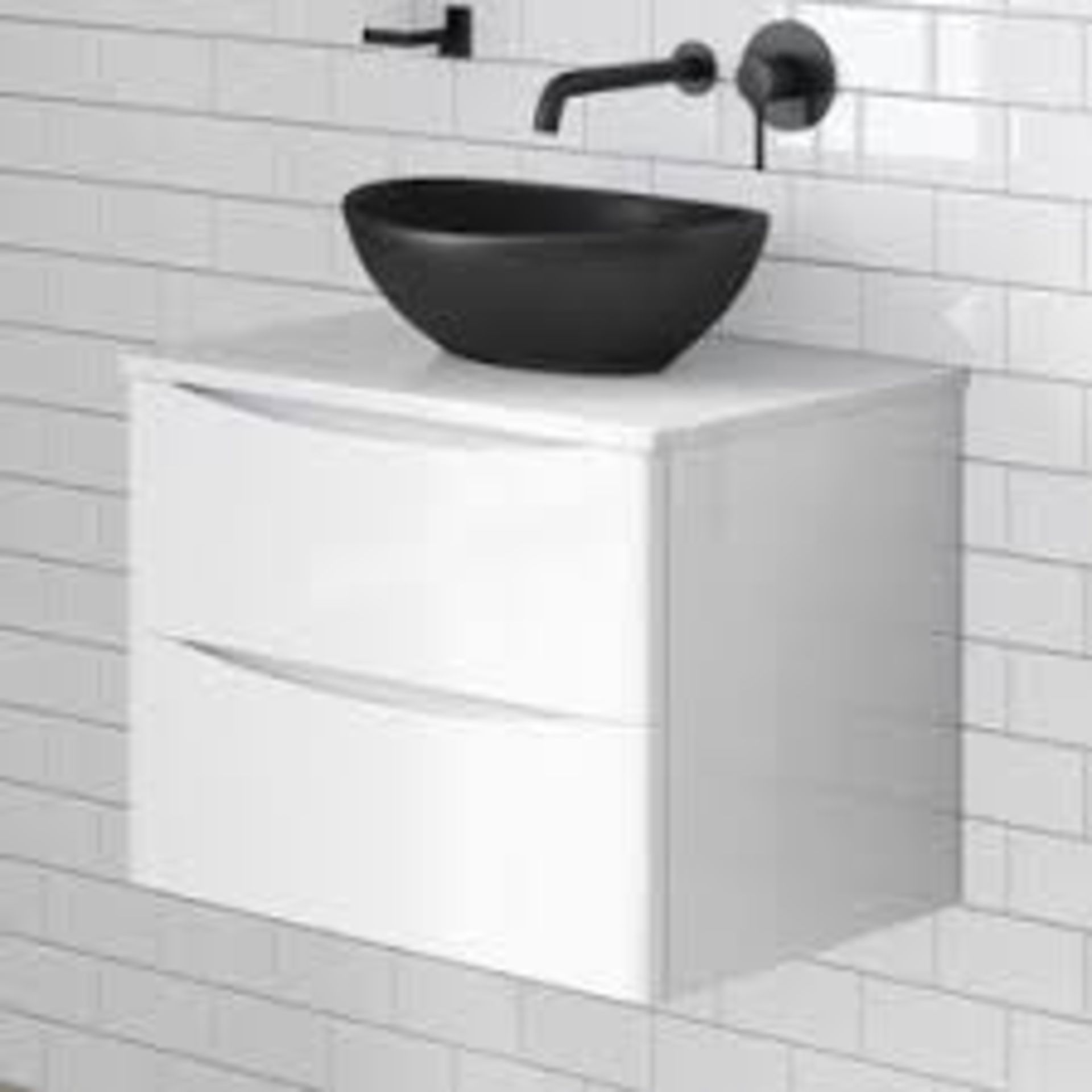 NEW & BOXED (NS174) 600mm Austin II Gloss White Countertop Unit and Black Camila Basin - Wall H...