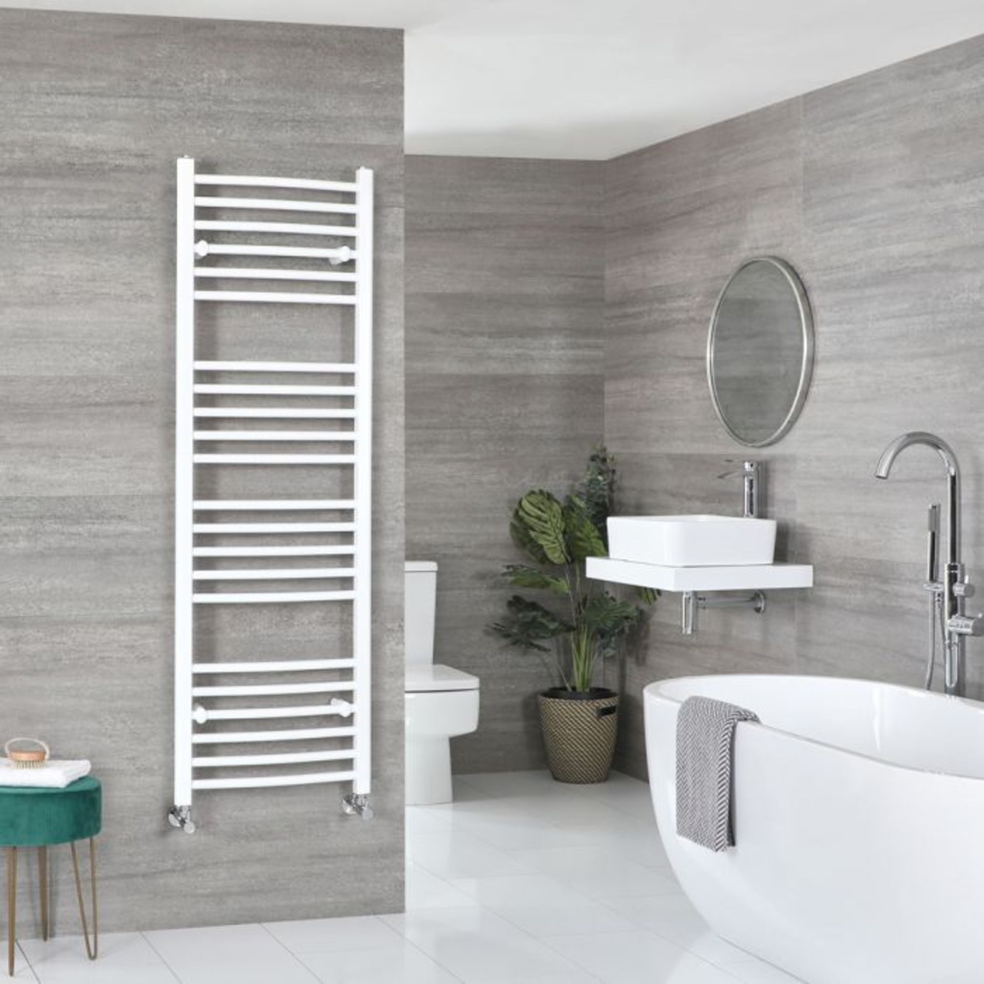 NEW (EX195) 1600x500mm Curved White Heated Towel Rail.