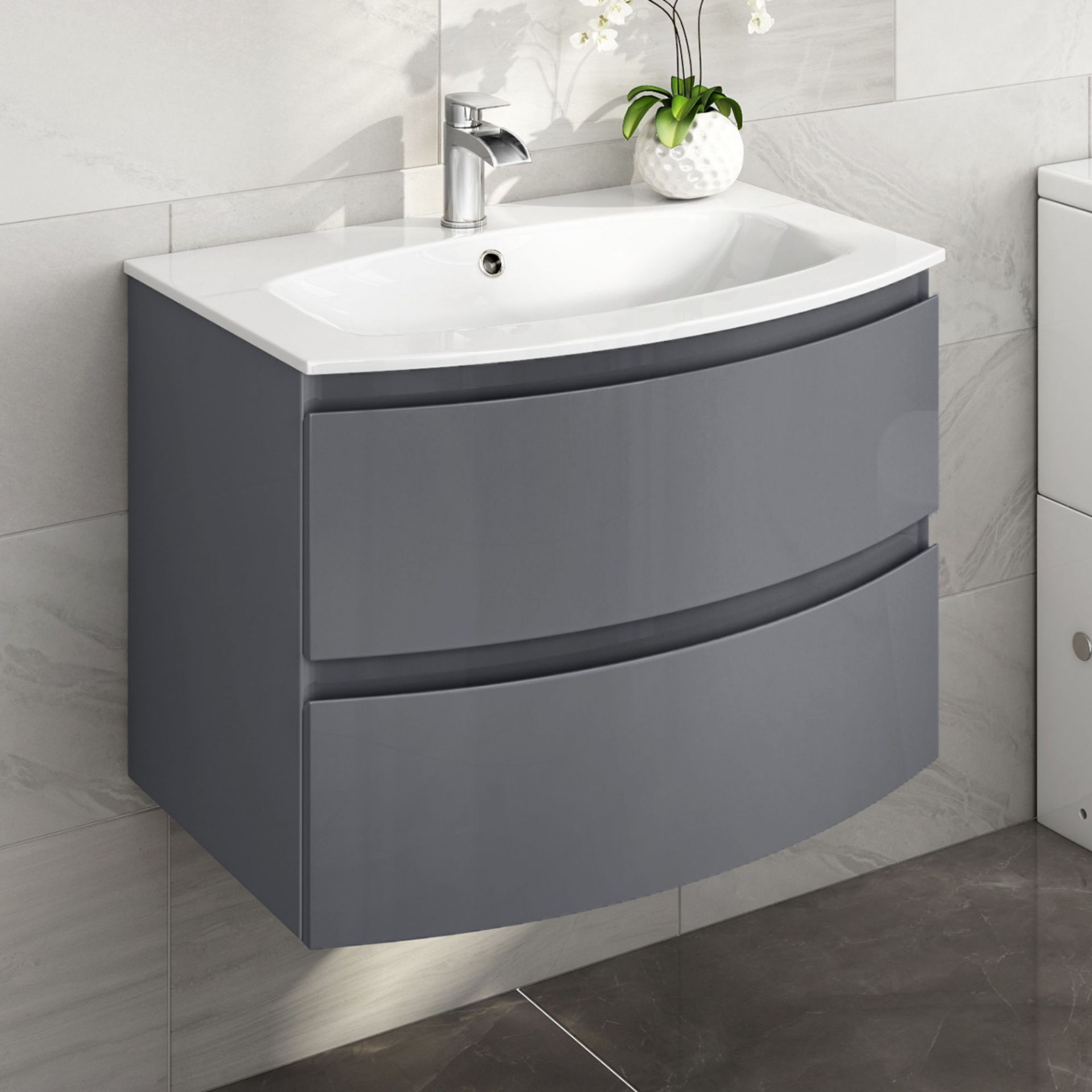 NEW & BOXED 700mm Amelie Gloss Grey Curved Vanity Unit - Wall Hung. RRP £999.99. Comes complet...