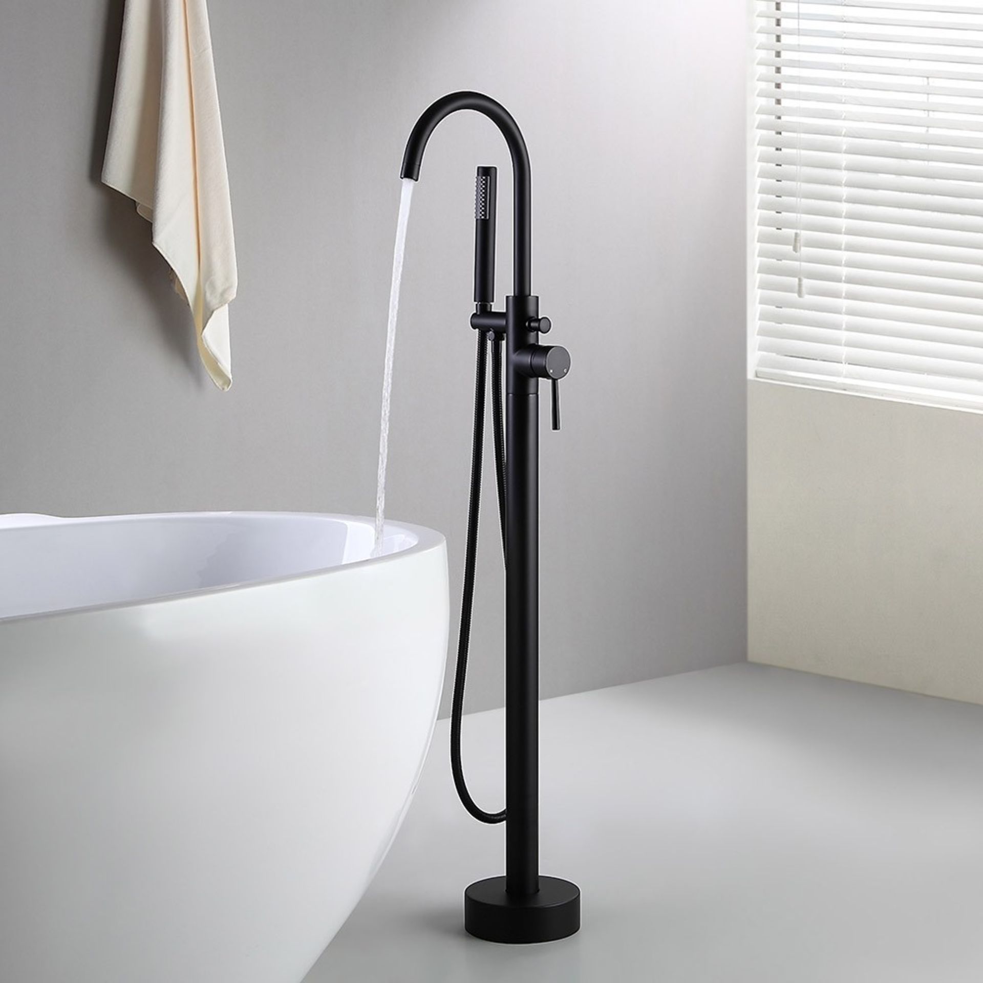 NEW Matte Black Gladstone Freestanding Thermostatic Bath Mixer Tap with Hand Held Shower Head. ...