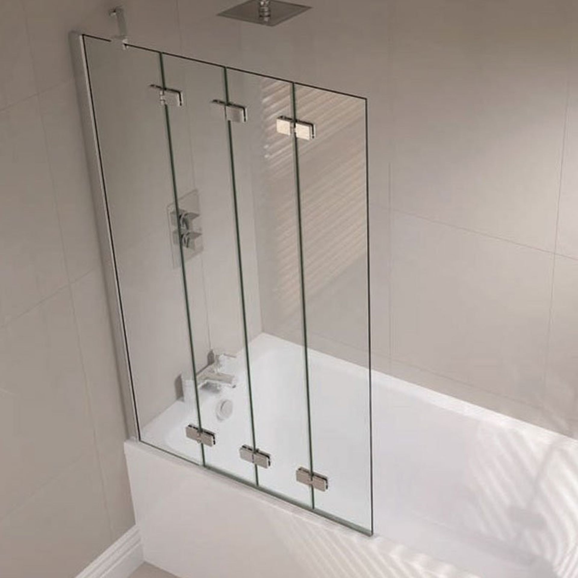 NEW (REF185) 4 Fold Bath Screen. RRP £289.99. 4mm Safety Glass, Clean & Clear Glass Treatment...