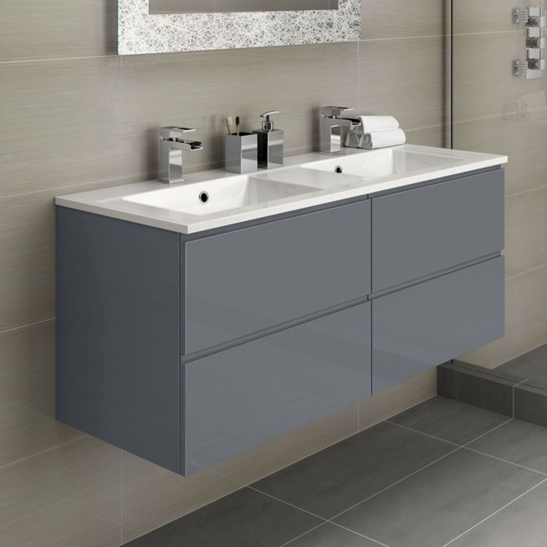 NEW 1200mm Trevia Grey Gloss Built In Vanity Unit. Comes complete with basin. Contemporary wa... - Image 2 of 3