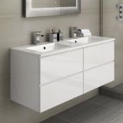 NEW & BOXED 1200mm Trevia High Gloss White Double Basin Cabinet - Wall Hung. RRP £999.99. Desi...