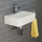 NEW (NS84) Modern Square Ceramic Cloakroom Basin White Wall Hung Bathroom Sink. Made from Whit...