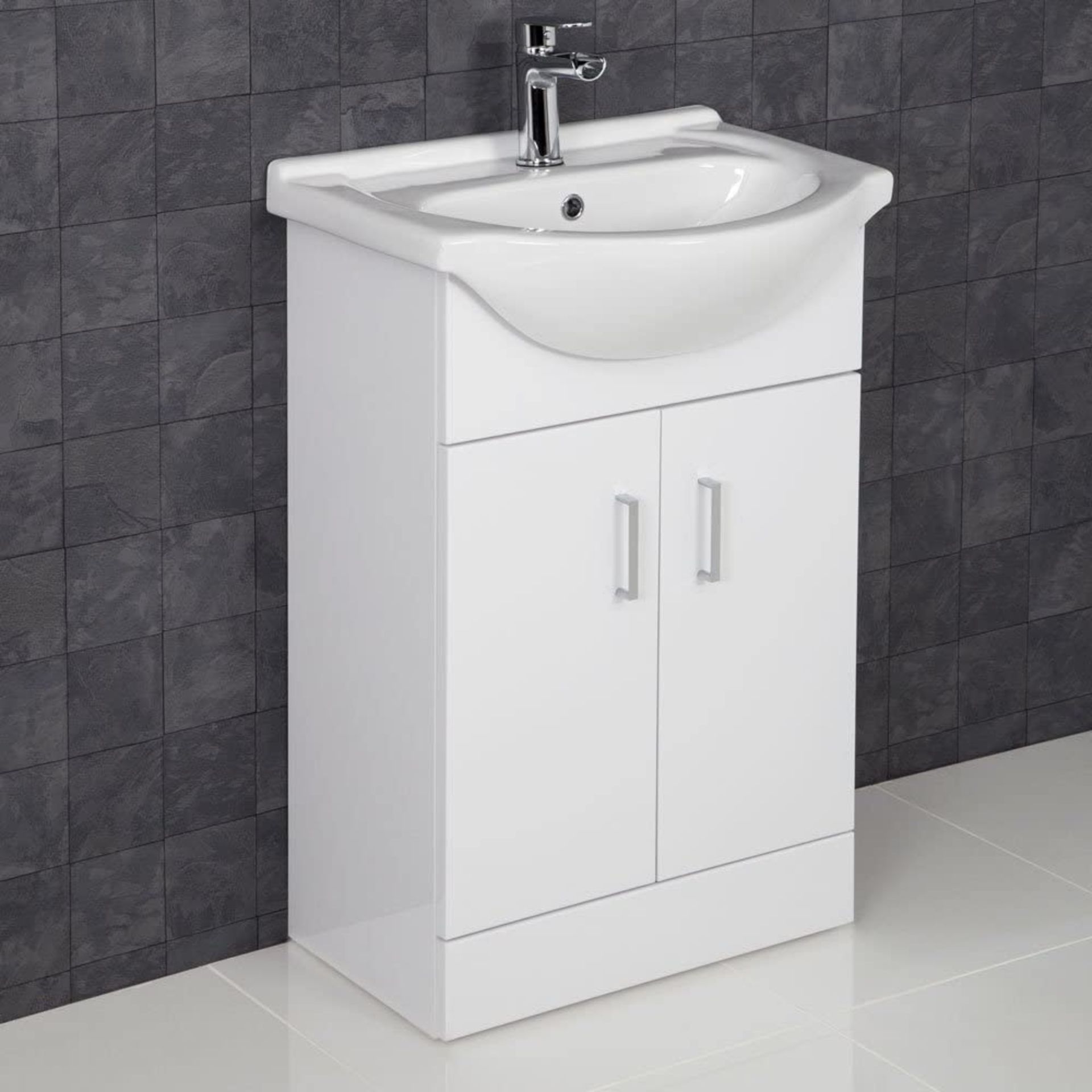 NEW (F182) Vista 550mm Cabinet with Basin White Gloss. RRP £343. The Vista 550mm Cabinet with...