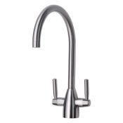 NEW (F50) Prima Chelsea Brushed Steel Swan Neck Dual Lever Kitchen Mixer Tap. Brushed finish Q...