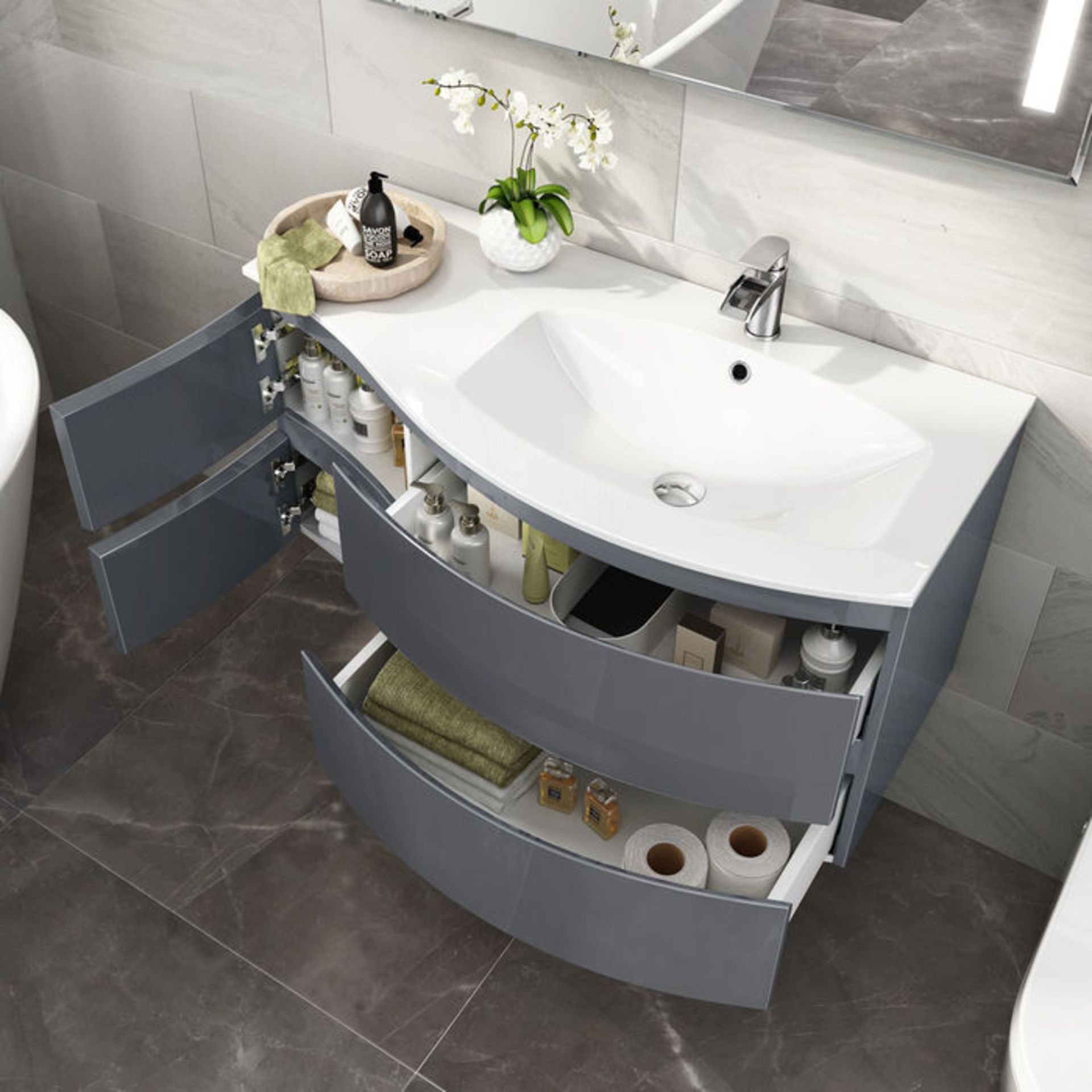 1040mm Amelie Gloss Grey Curved Vanity Unit - Right Hand - Wall Hung. RRP £1,499.Comes comple... - Image 2 of 4