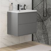 NEW (G145) 600mm Perla 600mm 2 Drawer Wall Mounted Vanity Unit inc Basin Ð Matt Grey. RRP £4...