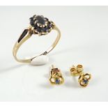 9k gold ring and 18 k gold earrigs set with sapphire