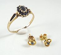 9k gold ring and 18 k gold earrigs set with sapphire