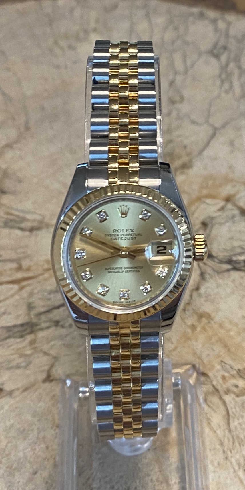 Ladies Rolex Datejust 179173 18k Gold & Stainless Steel *Factory Diamond Dial *Hardly Worn From New