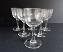 Set Six Edwardian Etched Sherry or Port Glasses