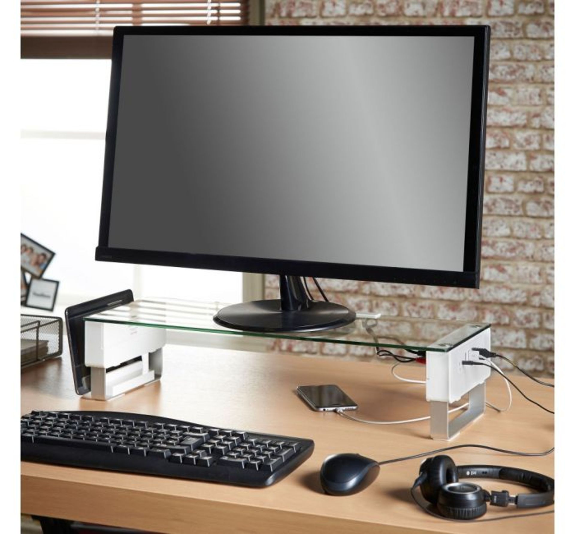 (MY33) Adjustable Monitor Riser Features three integrated USB ports plus headphone and microph...