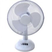 (PR64) 12" Oscillating White Desk Top Fan 3 Speed Push Button Speed Control Cable Length Appr...