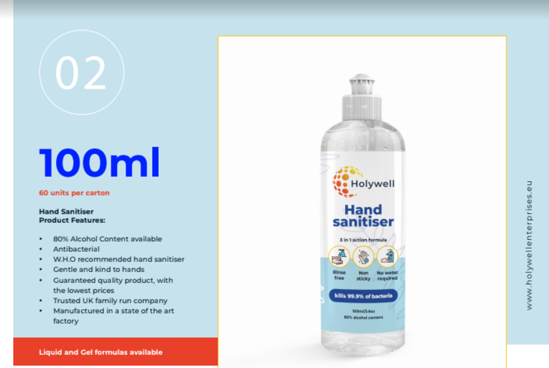 3600 x 100 ml bottles, Alcohol-based hand sanitiser (80% Alcohol) Liquid Form