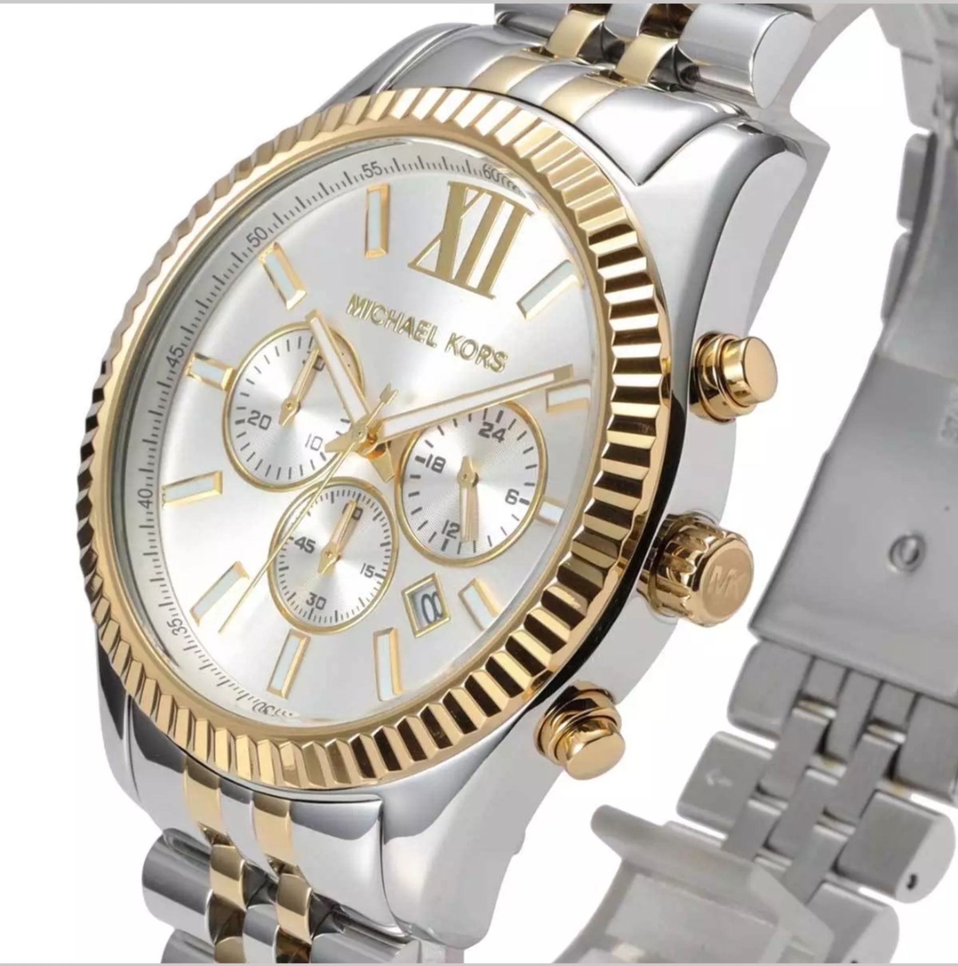 michael kors mk8344 men's lexington two tone gold & silver bracelet chronograph watch - Image 5 of 11
