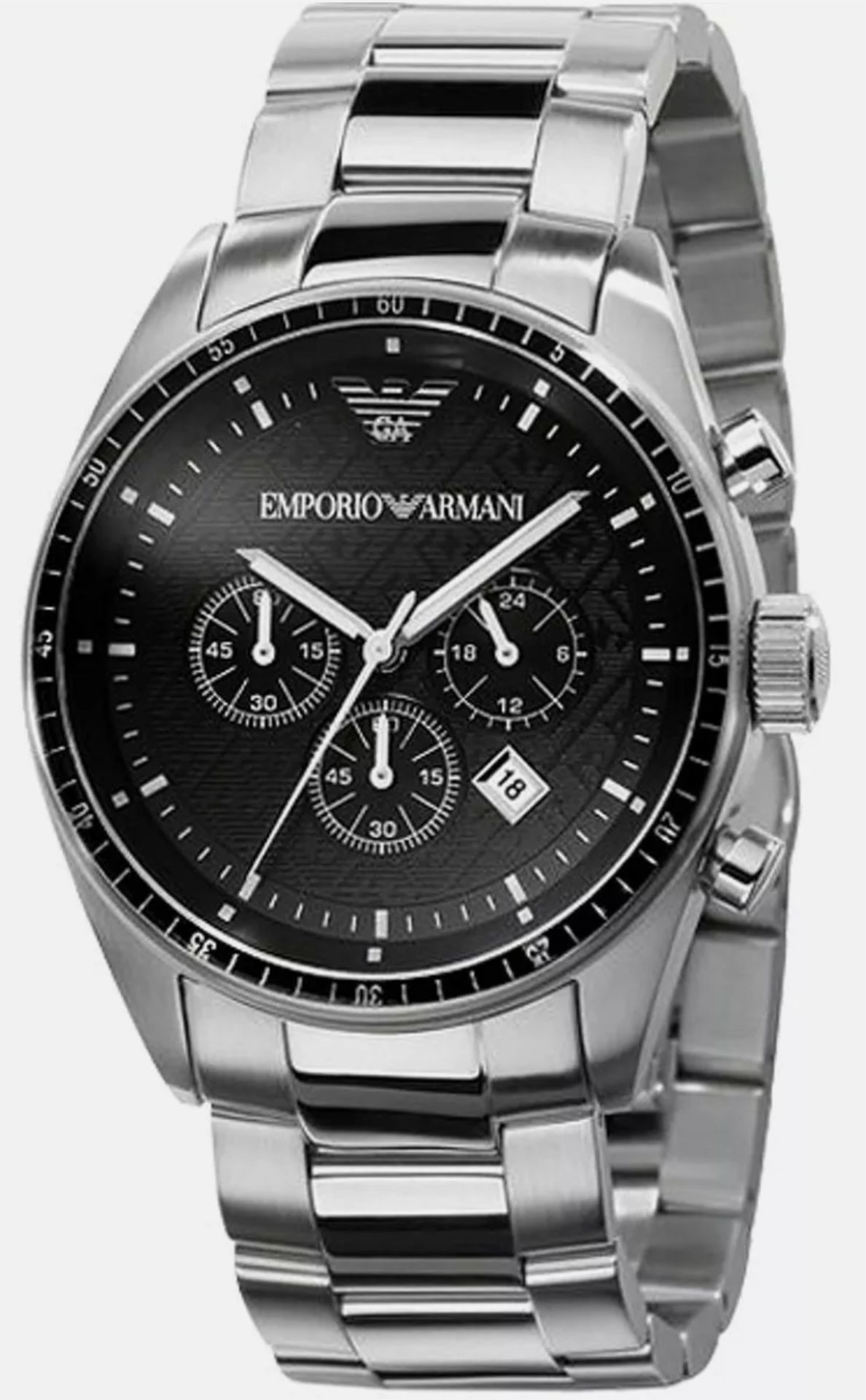 emporio armani ar0585 men's sportivo black dial silver bracelet chronograph watch