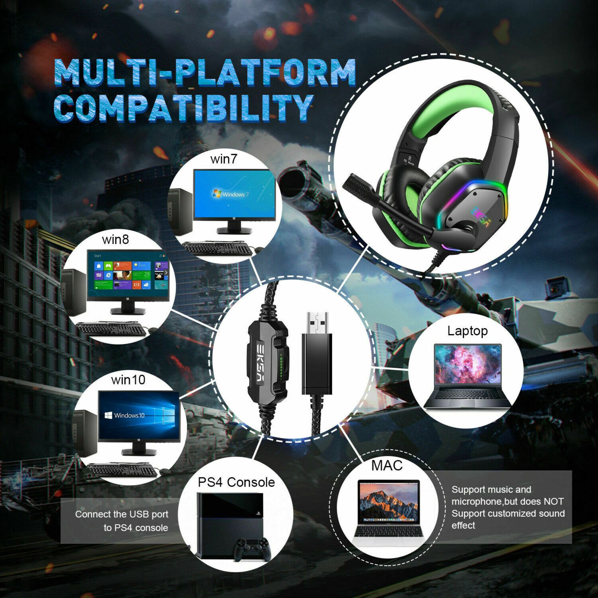 EKSA New 2020 Stock LED 7.1 Virtual Surround Gaming Headset Wired USB Bass / Mic - Image 2 of 2