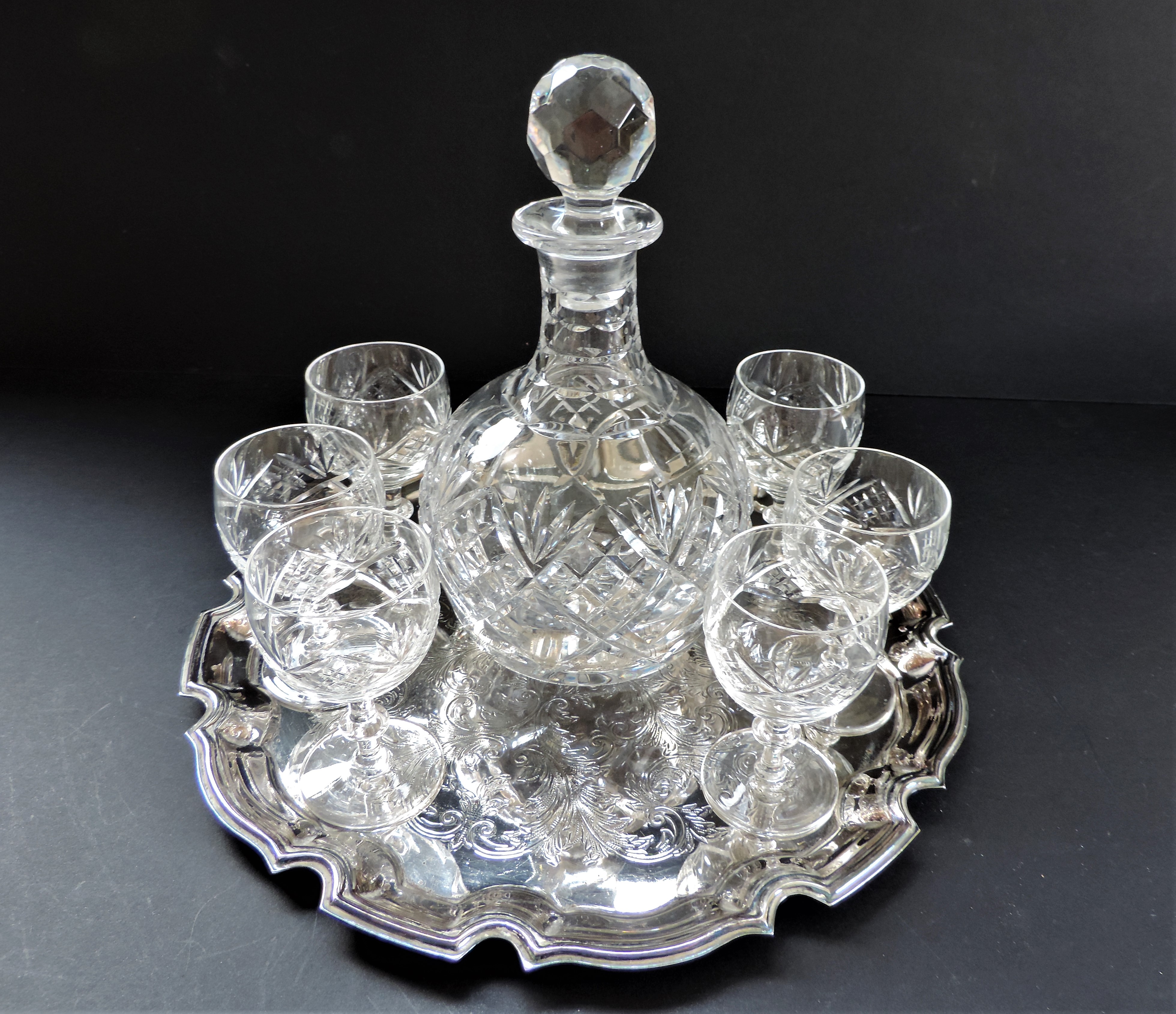 Crystal Decanter and Glasses on Silver Plate Serving Tray - Image 3 of 12