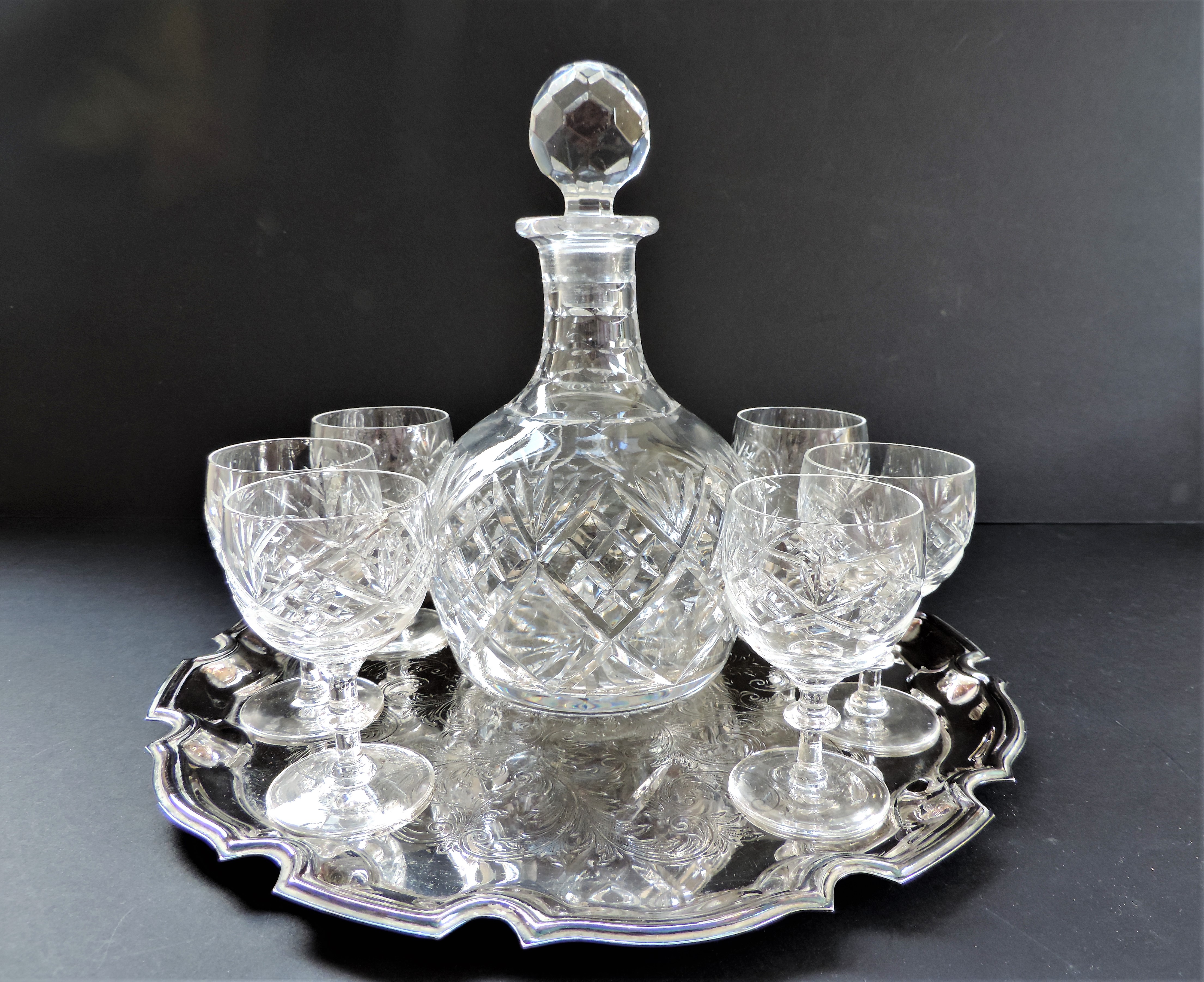 Crystal Decanter and Glasses on Silver Plate Serving Tray