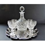 Crystal Decanter and Glasses on Silver Plate Serving Tray