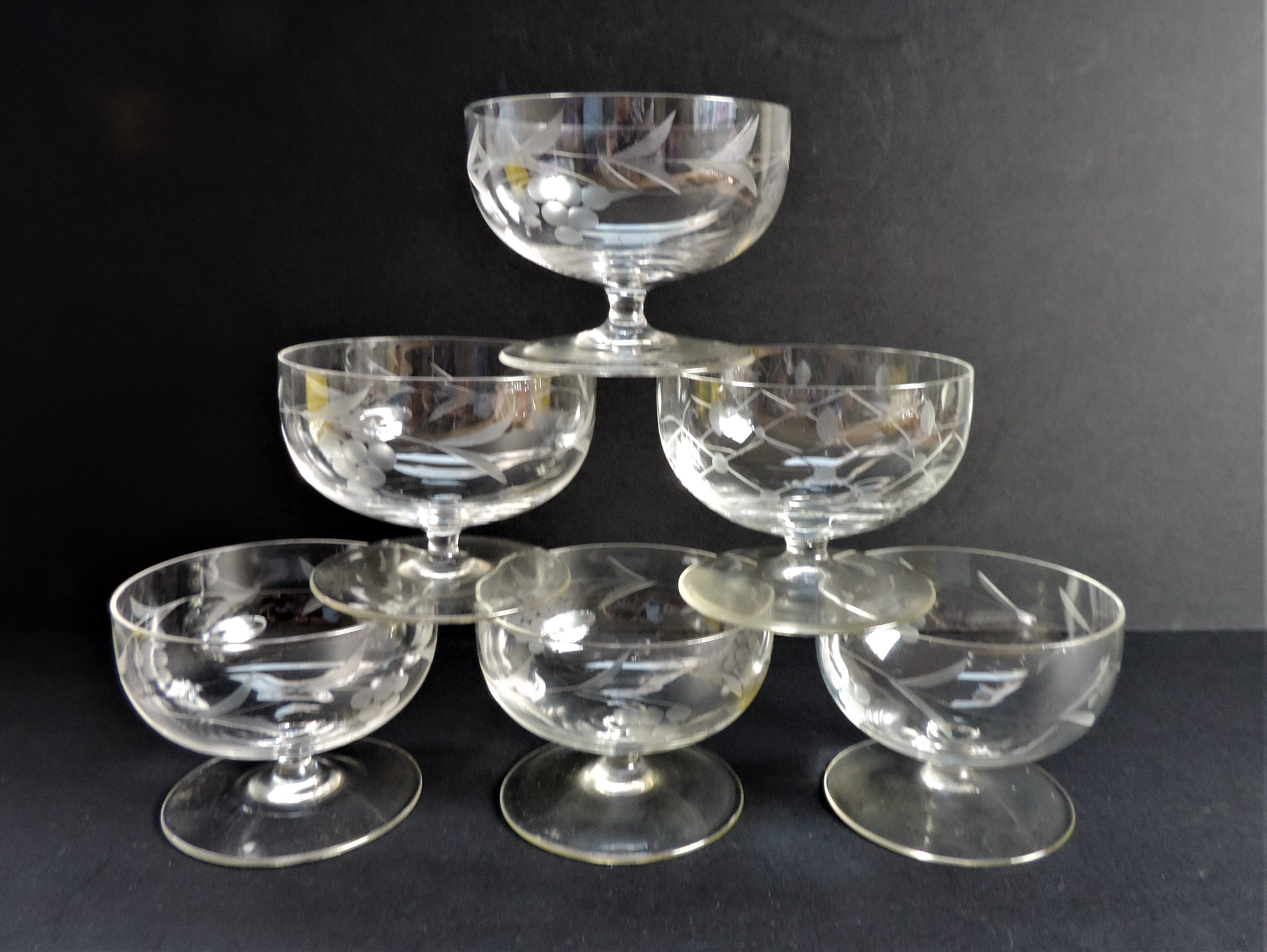 Antique Etched Glass Dessert/Ice Cream/Sorbet Dishes