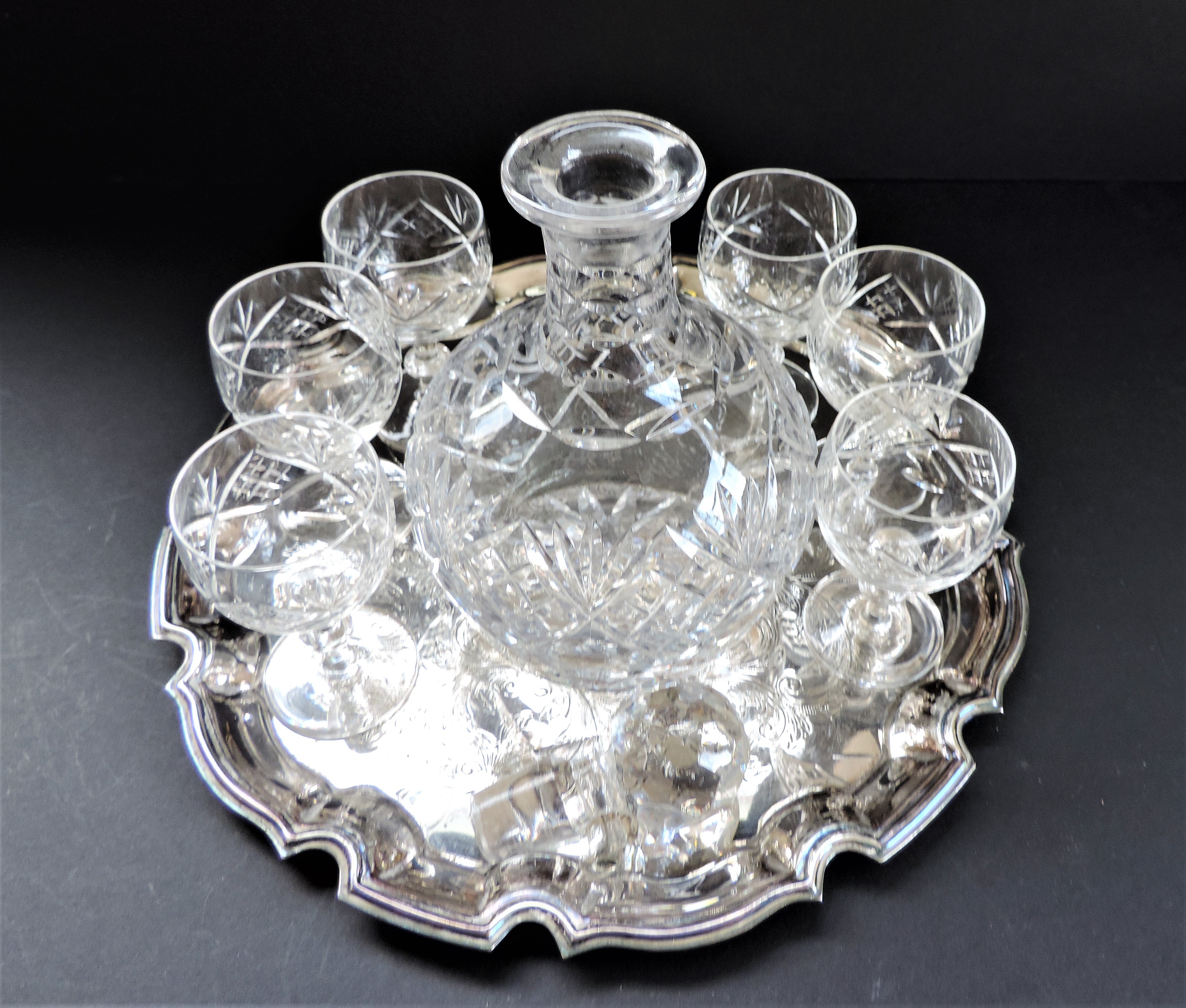 Crystal Decanter and Glasses on Silver Plate Serving Tray - Image 6 of 12