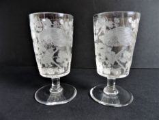 Pair Antique Art Nouveau Engraved Crystal Wine Glasses